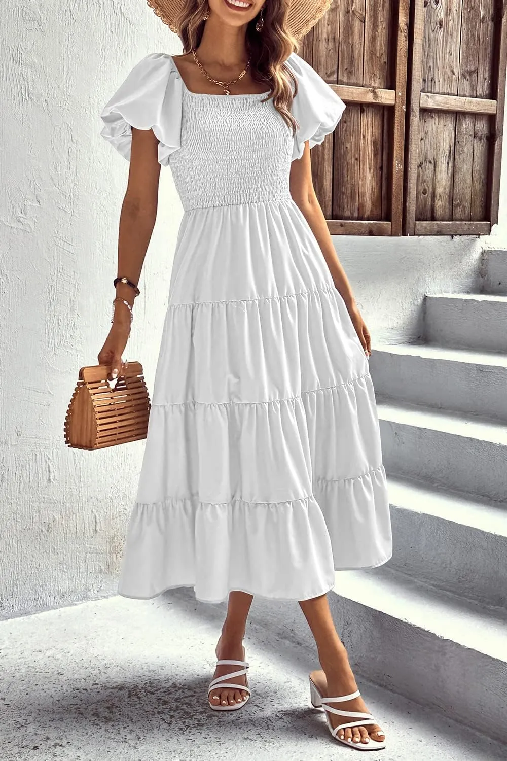 PRETTYGARDEN Women's 2025 Summer Casual Midi Dress Puffy Short Sleeve Square Neck Smocked Tiered Ruffle Dresses