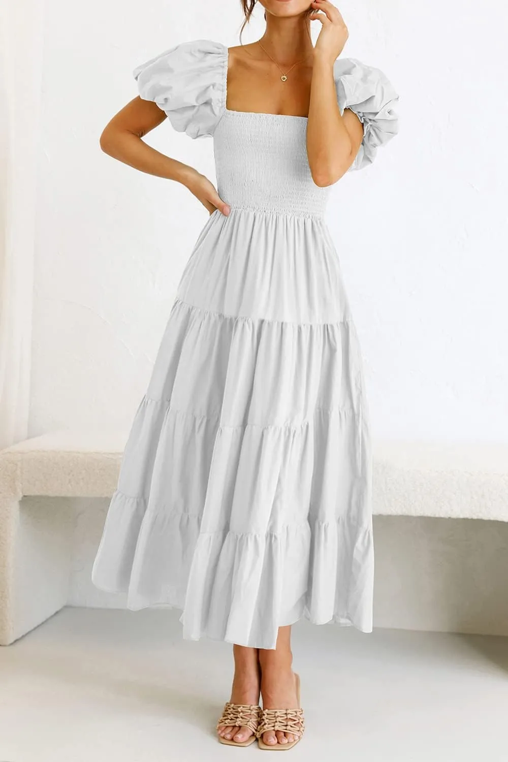 PRETTYGARDEN Women's 2025 Summer Casual Midi Dress Puffy Short Sleeve Square Neck Smocked Tiered Ruffle Dresses