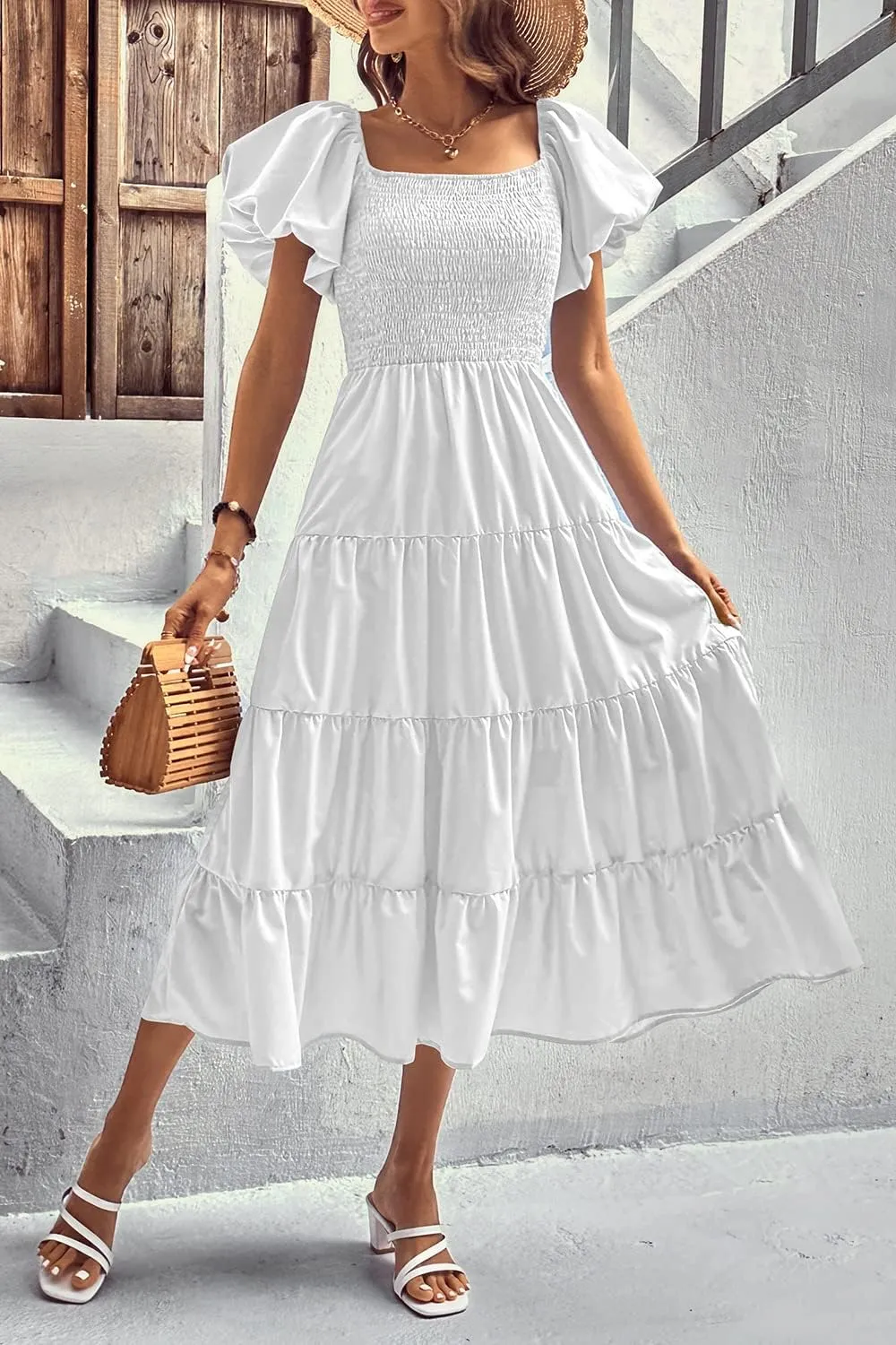 PRETTYGARDEN Women's 2025 Summer Casual Midi Dress Puffy Short Sleeve Square Neck Smocked Tiered Ruffle Dresses