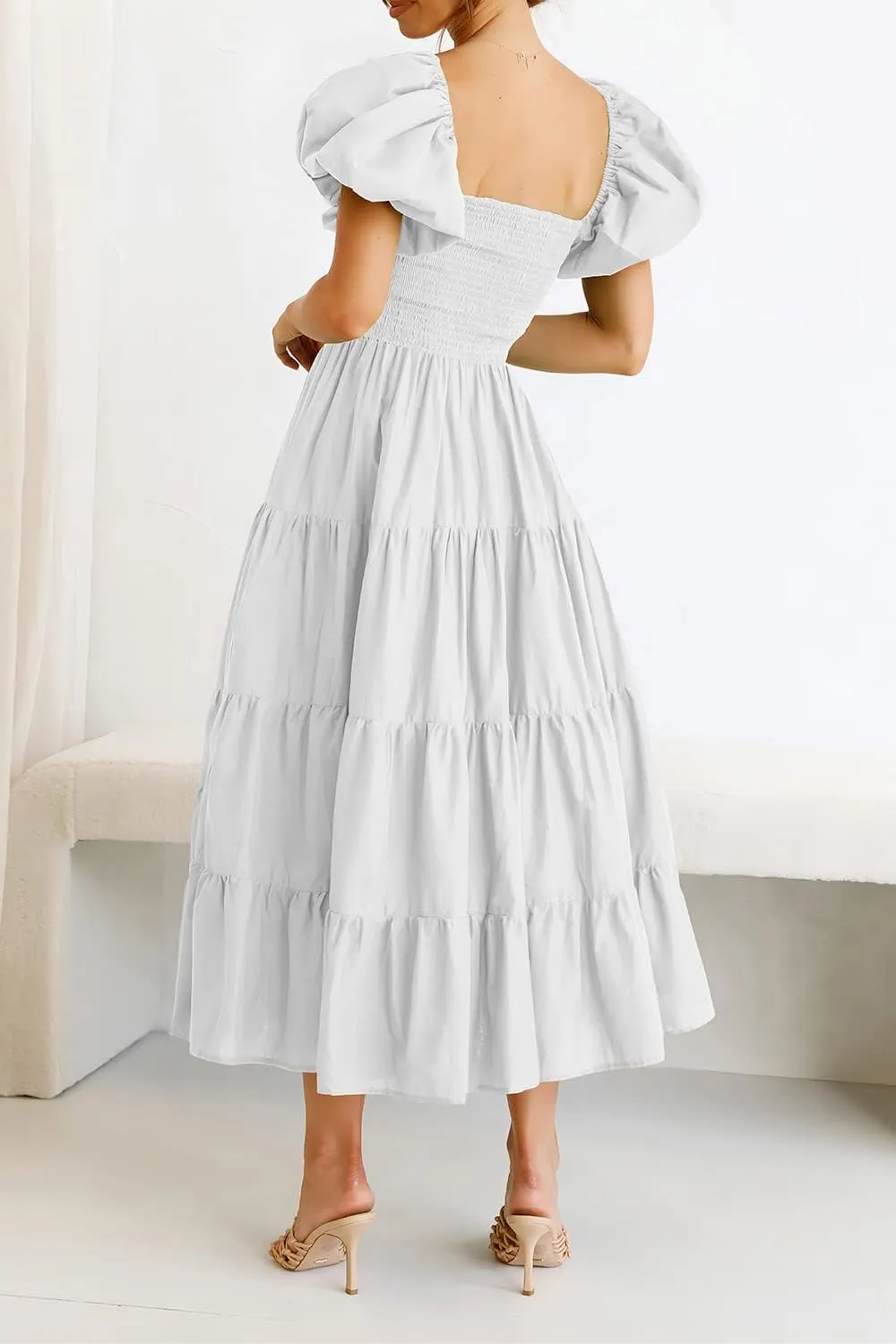PRETTYGARDEN Women's 2025 Summer Casual Midi Dress Puffy Short Sleeve Square Neck Smocked Tiered Ruffle Dresses