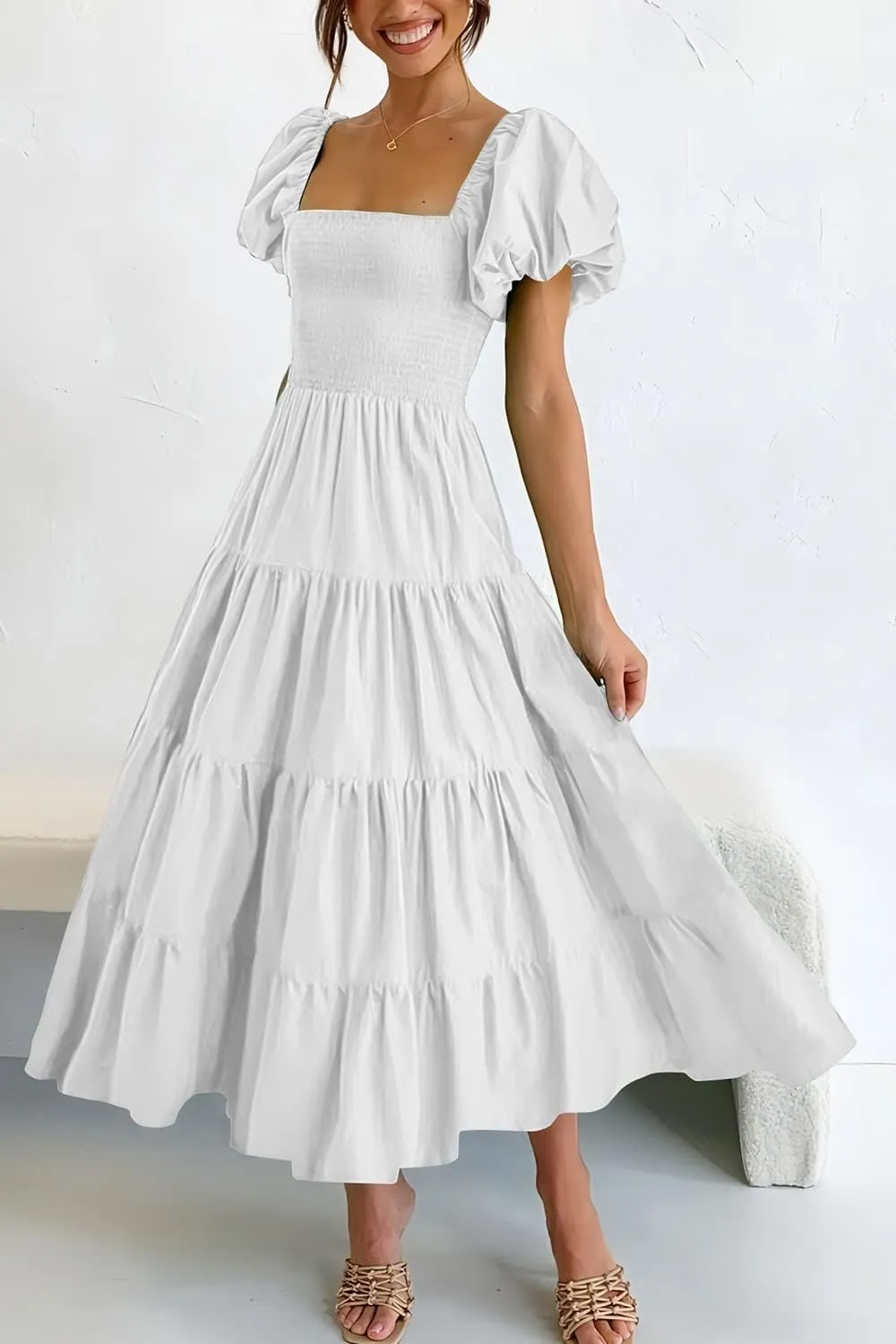 PRETTYGARDEN Women's 2025 Summer Casual Midi Dress Puffy Short Sleeve Square Neck Smocked Tiered Ruffle Dresses