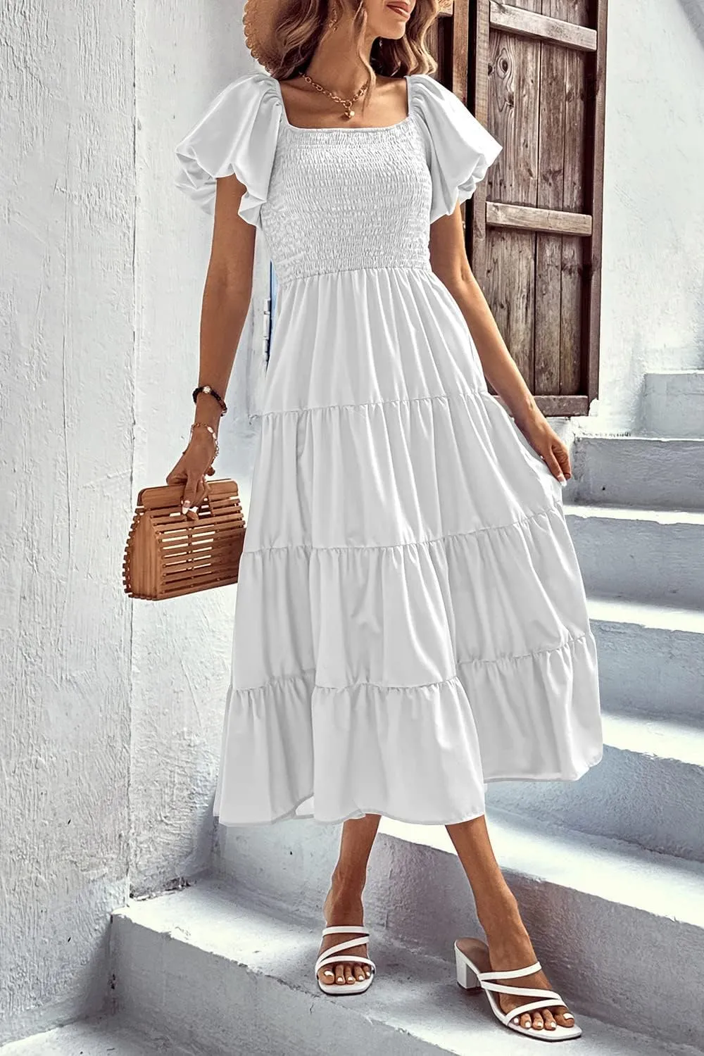 PRETTYGARDEN Women's 2025 Summer Casual Midi Dress Puffy Short Sleeve Square Neck Smocked Tiered Ruffle Dresses