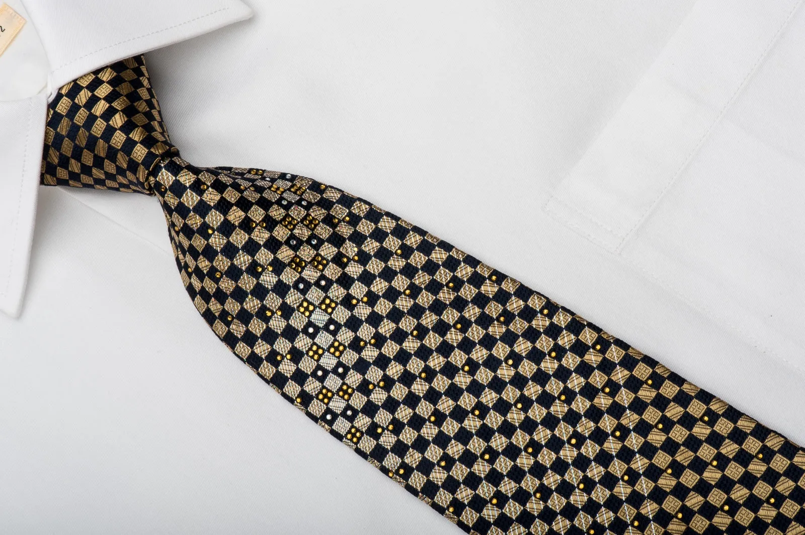 Renoma Rhinestone Necktie Gold Navy Checkered With Silver Sparkles