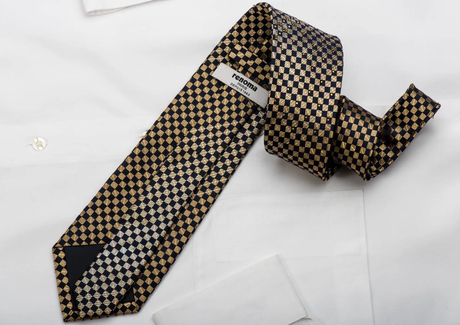 Renoma Rhinestone Necktie Gold Navy Checkered With Silver Sparkles