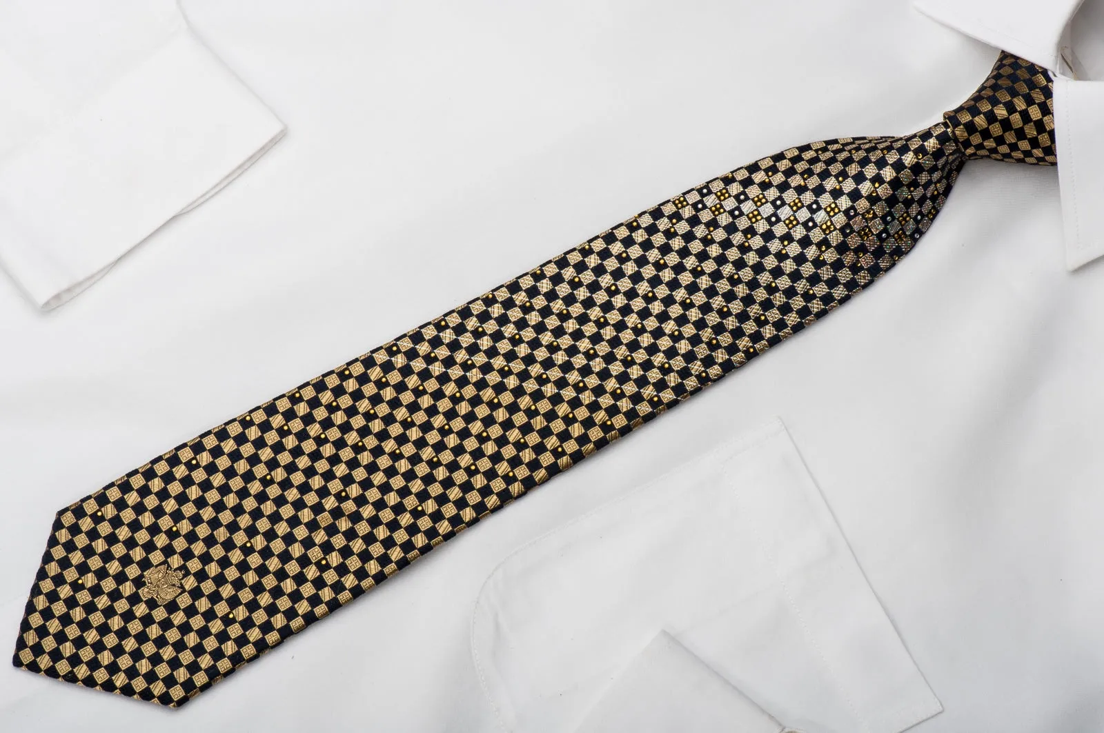 Renoma Rhinestone Necktie Gold Navy Checkered With Silver Sparkles