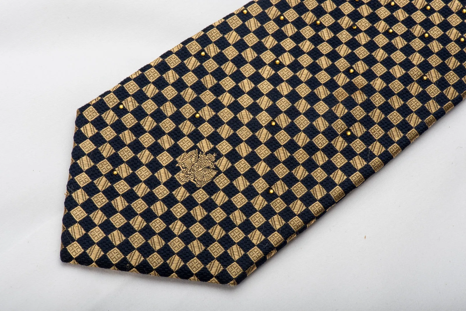 Renoma Rhinestone Necktie Gold Navy Checkered With Silver Sparkles