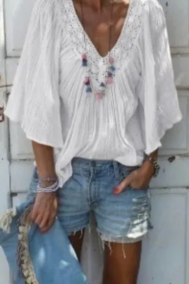 Ruffled V-neck Flared Blouse