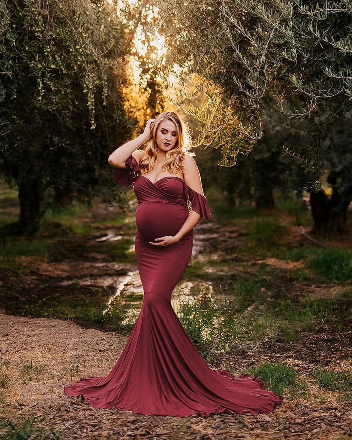 Saslax Off Shoulder Ruffle Sleeves Elegant Fitted Maxi Maternity Dress for Photoshoot Baby Shower