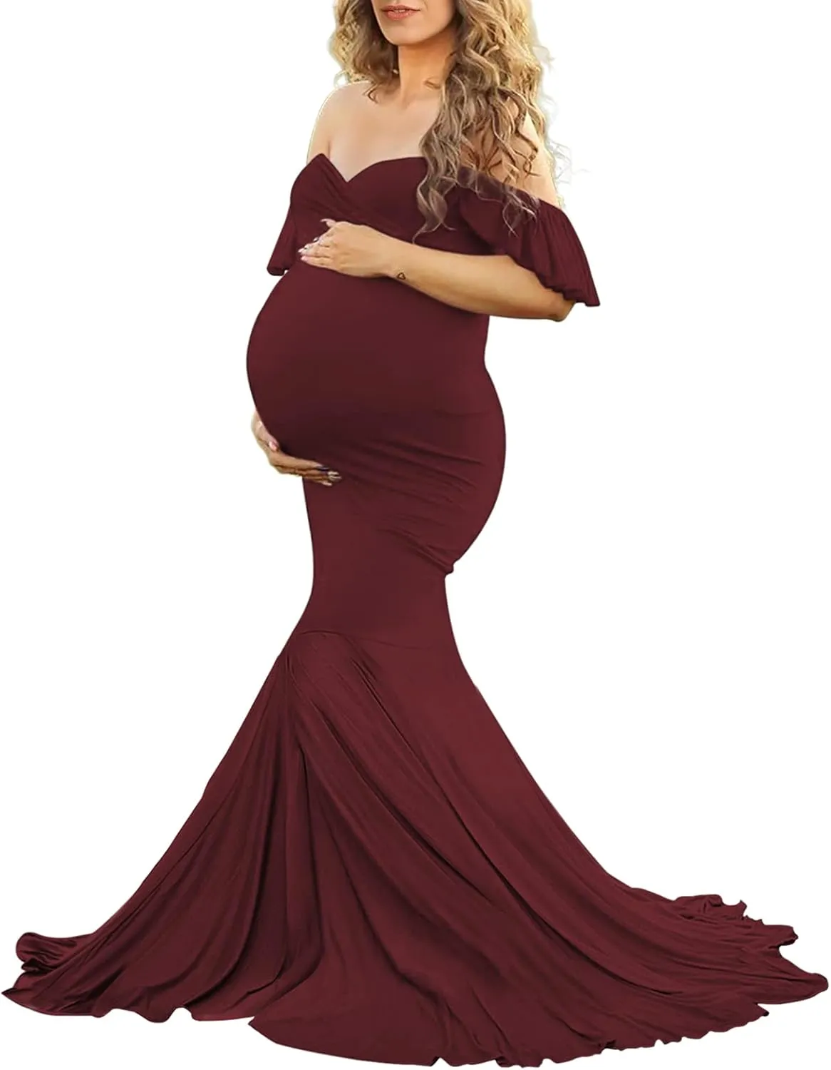 Saslax Off Shoulder Ruffle Sleeves Elegant Fitted Maxi Maternity Dress for Photoshoot Baby Shower