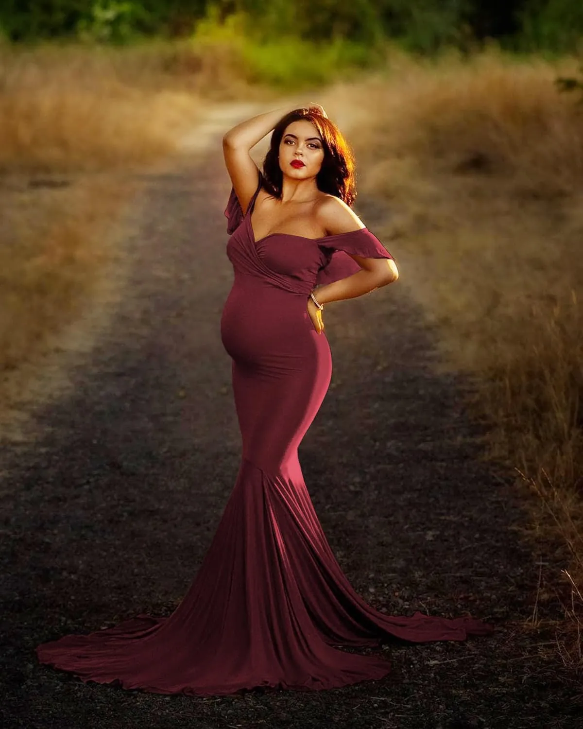Saslax Off Shoulder Ruffle Sleeves Elegant Fitted Maxi Maternity Dress for Photoshoot Baby Shower