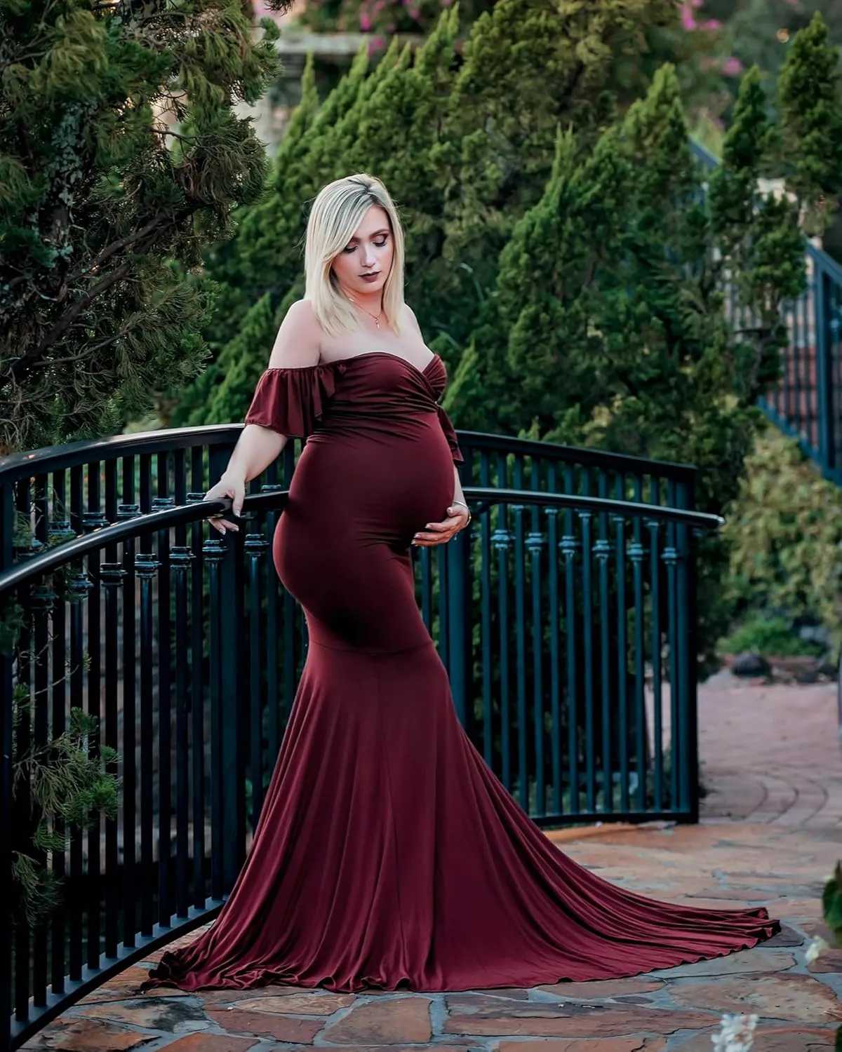Saslax Off Shoulder Ruffle Sleeves Elegant Fitted Maxi Maternity Dress for Photoshoot Baby Shower