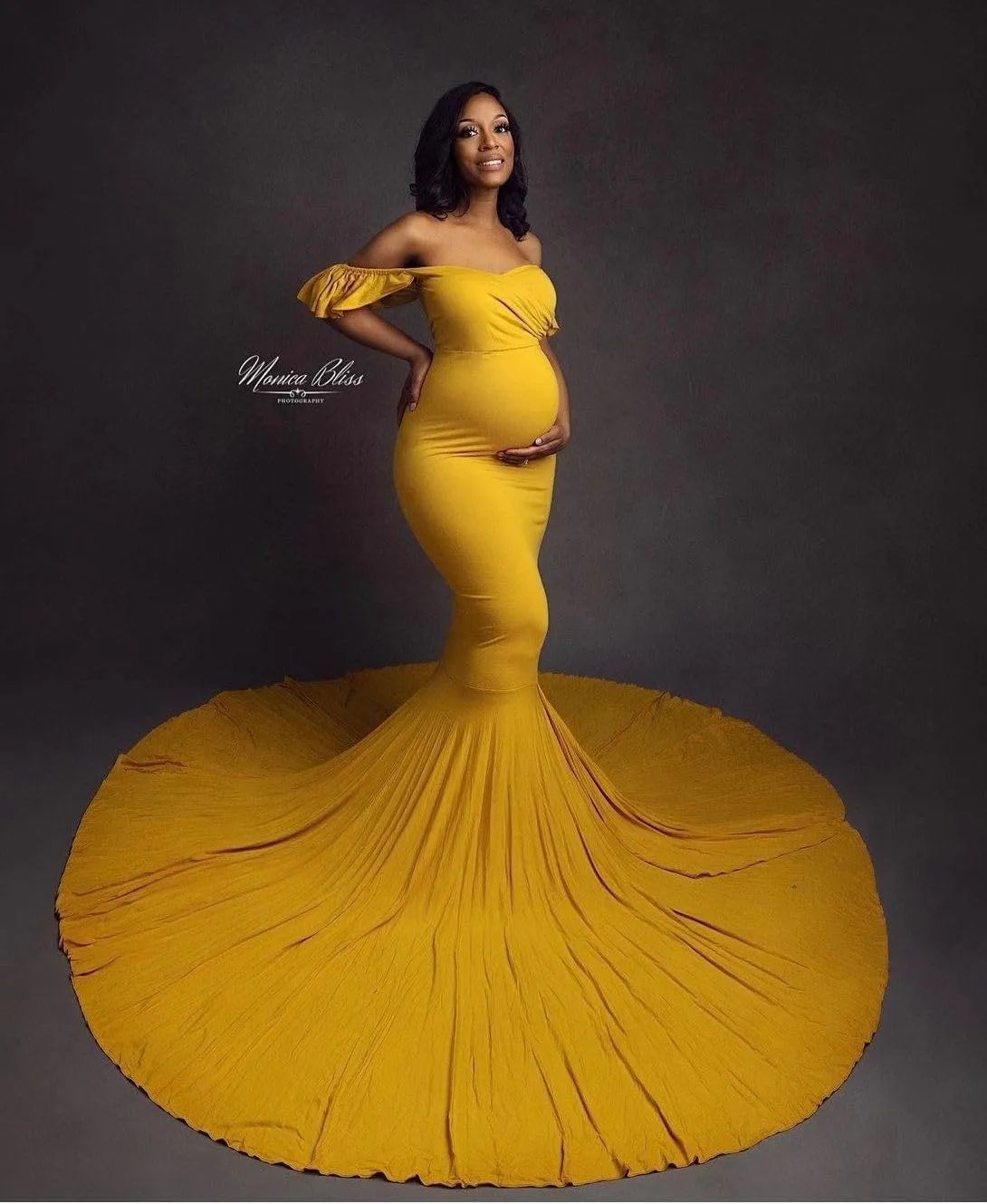 Saslax Off Shoulder Ruffle Sleeves Elegant Fitted Maxi Maternity Dress for Photoshoot Baby Shower