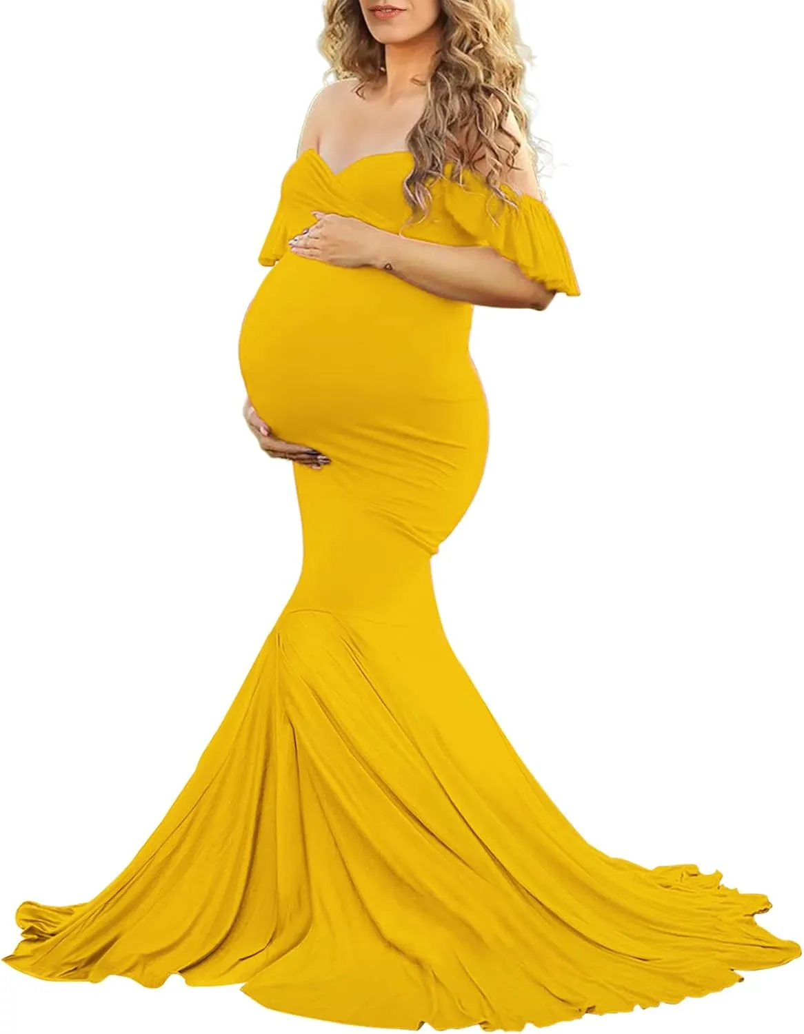 Saslax Off Shoulder Ruffle Sleeves Elegant Fitted Maxi Maternity Dress for Photoshoot Baby Shower