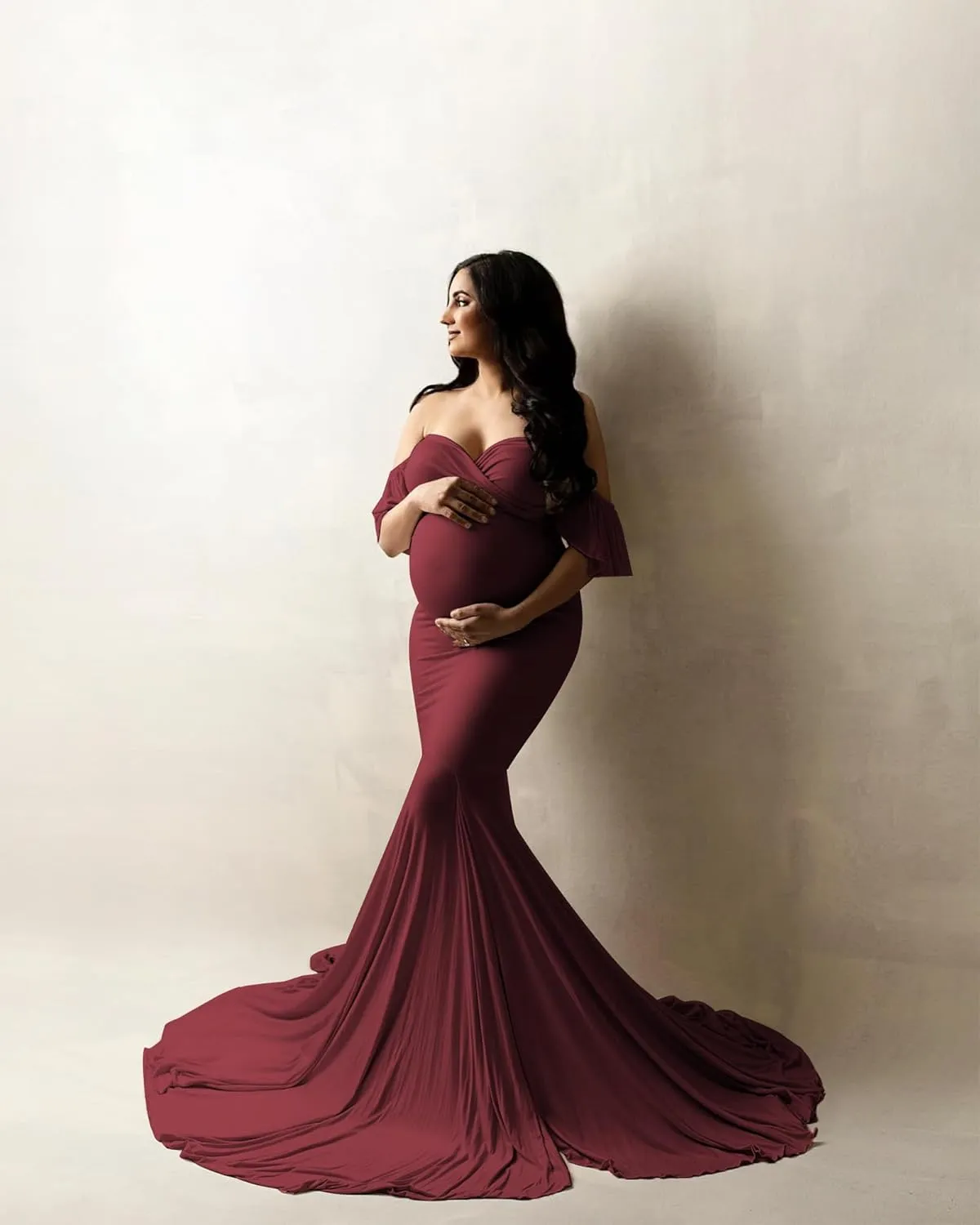 Saslax Off Shoulder Ruffle Sleeves Elegant Fitted Maxi Maternity Dress for Photoshoot Baby Shower