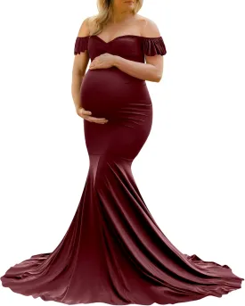 Saslax Off Shoulder Ruffle Sleeves Elegant Fitted Maxi Maternity Dress for Photoshoot Baby Shower