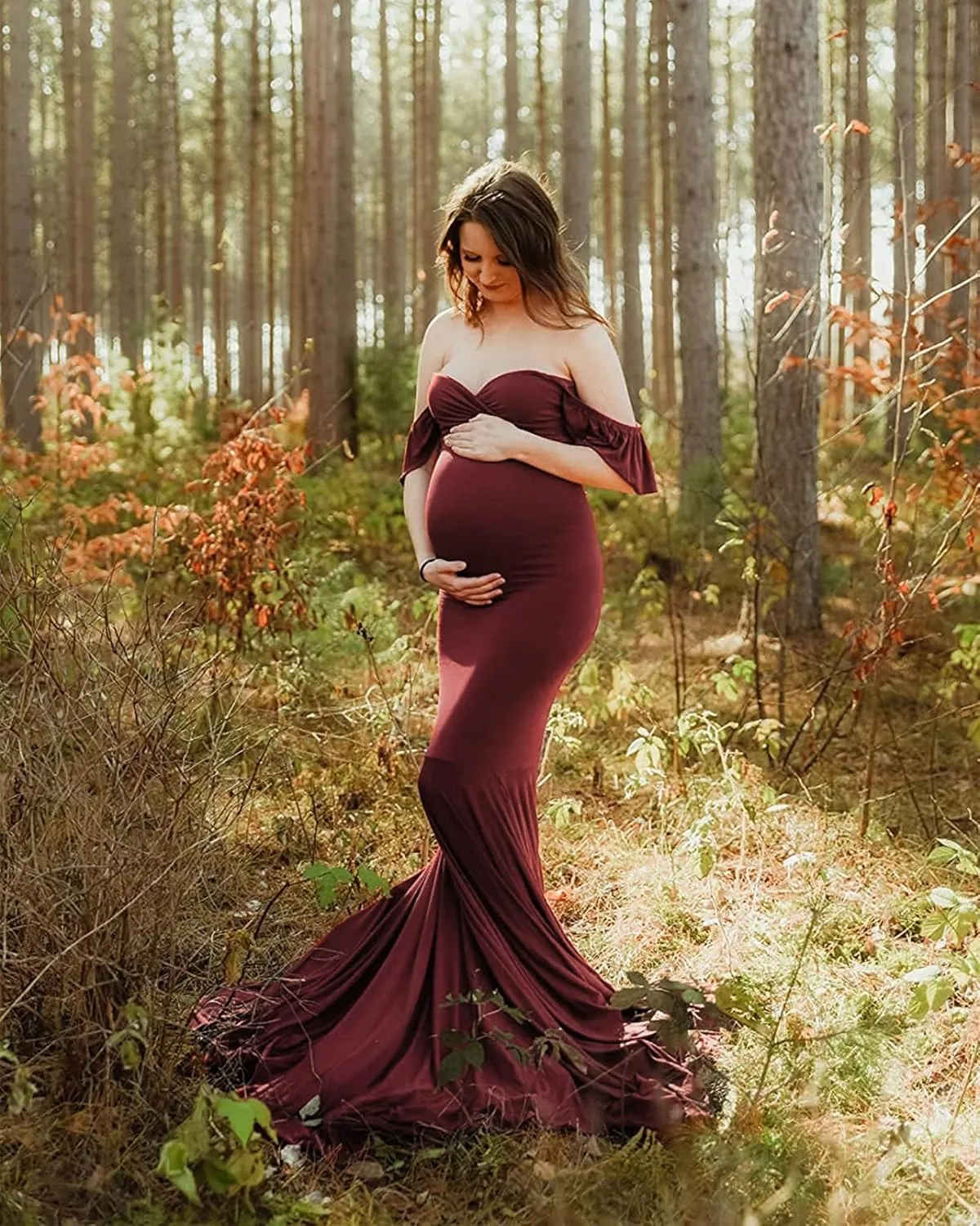 Saslax Off Shoulder Ruffle Sleeves Elegant Fitted Maxi Maternity Dress for Photoshoot Baby Shower