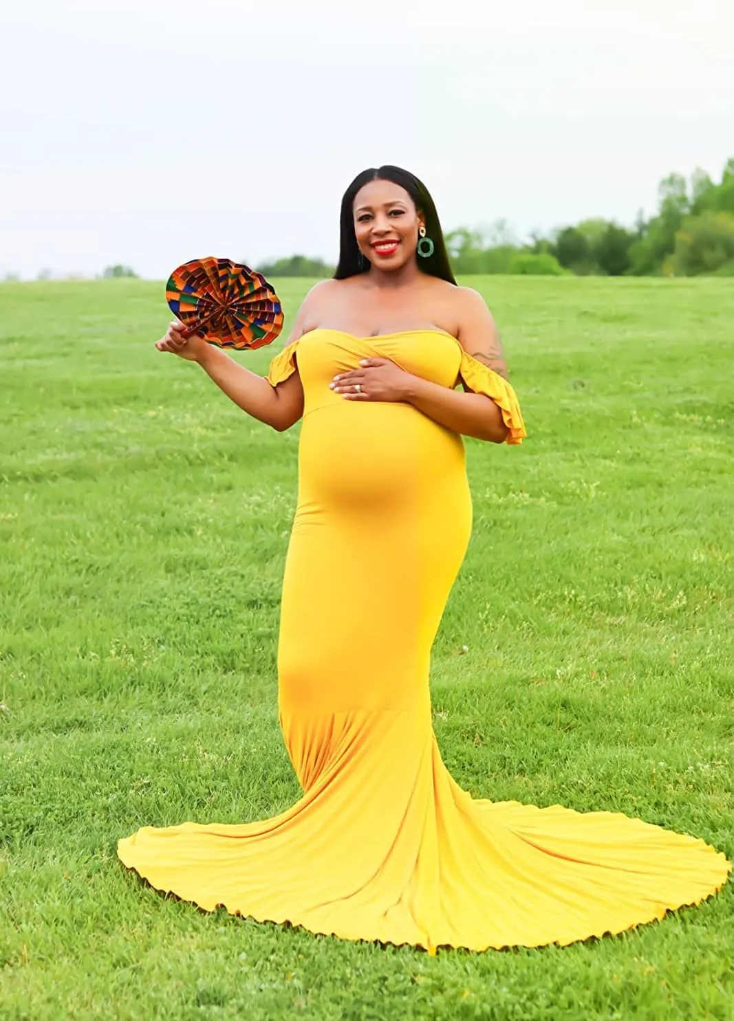 Saslax Off Shoulder Ruffle Sleeves Elegant Fitted Maxi Maternity Dress for Photoshoot Baby Shower