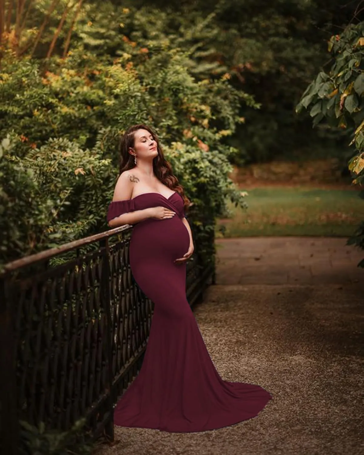 Saslax Off Shoulder Ruffle Sleeves Elegant Fitted Maxi Maternity Dress for Photoshoot Baby Shower