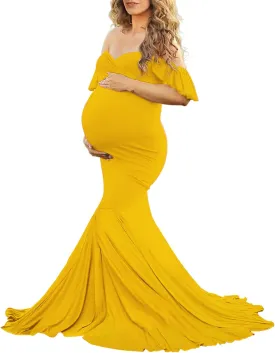 Saslax Off Shoulder Ruffle Sleeves Elegant Fitted Maxi Maternity Dress for Photoshoot Baby Shower