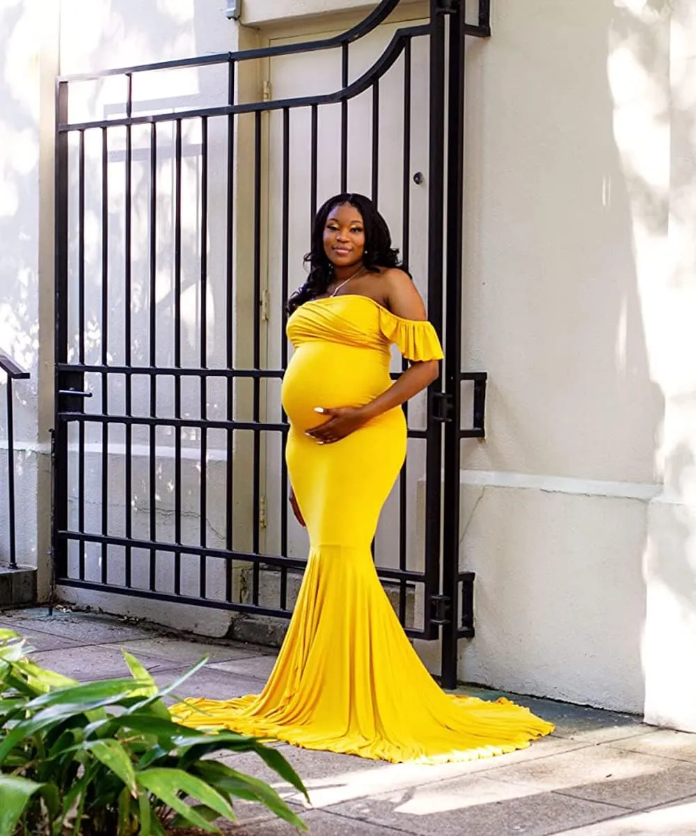 Saslax Off Shoulder Ruffle Sleeves Elegant Fitted Maxi Maternity Dress for Photoshoot Baby Shower