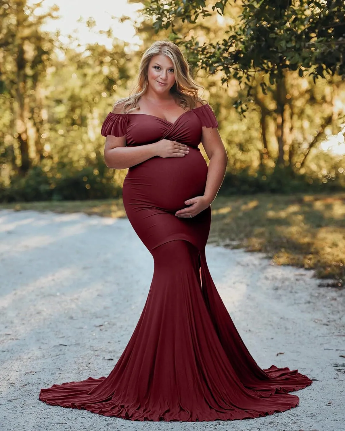 Saslax Off Shoulder Ruffle Sleeves Elegant Fitted Maxi Maternity Dress for Photoshoot Baby Shower