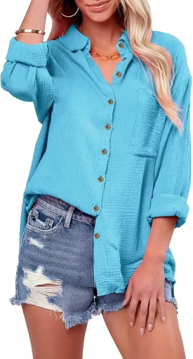 siliteelon Womens Button Down Shirts Cotton Long Sleeve Oversized Boyfriend Blouses Collared Dress Tops with Pockets - Cyan Blue XL