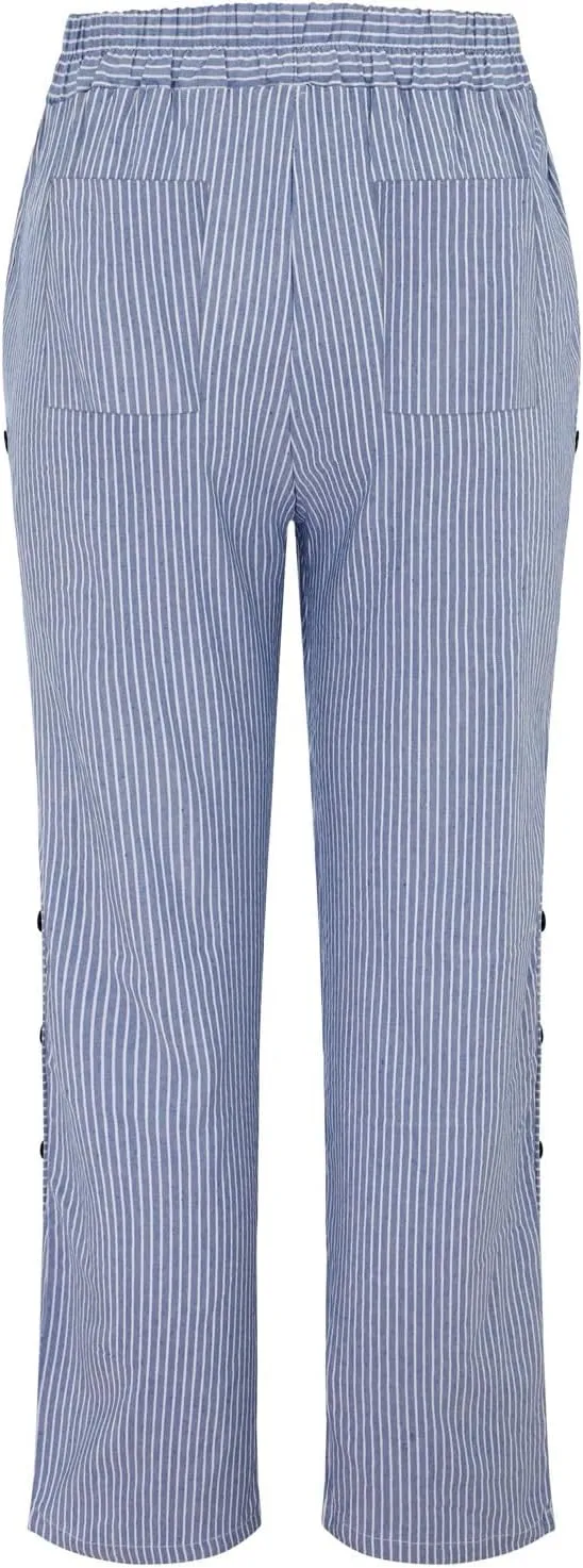 Striped Linen Pants for Women 2025 Summer High Waist Elastic Pants Comfy Side Button Trousers with Pockets