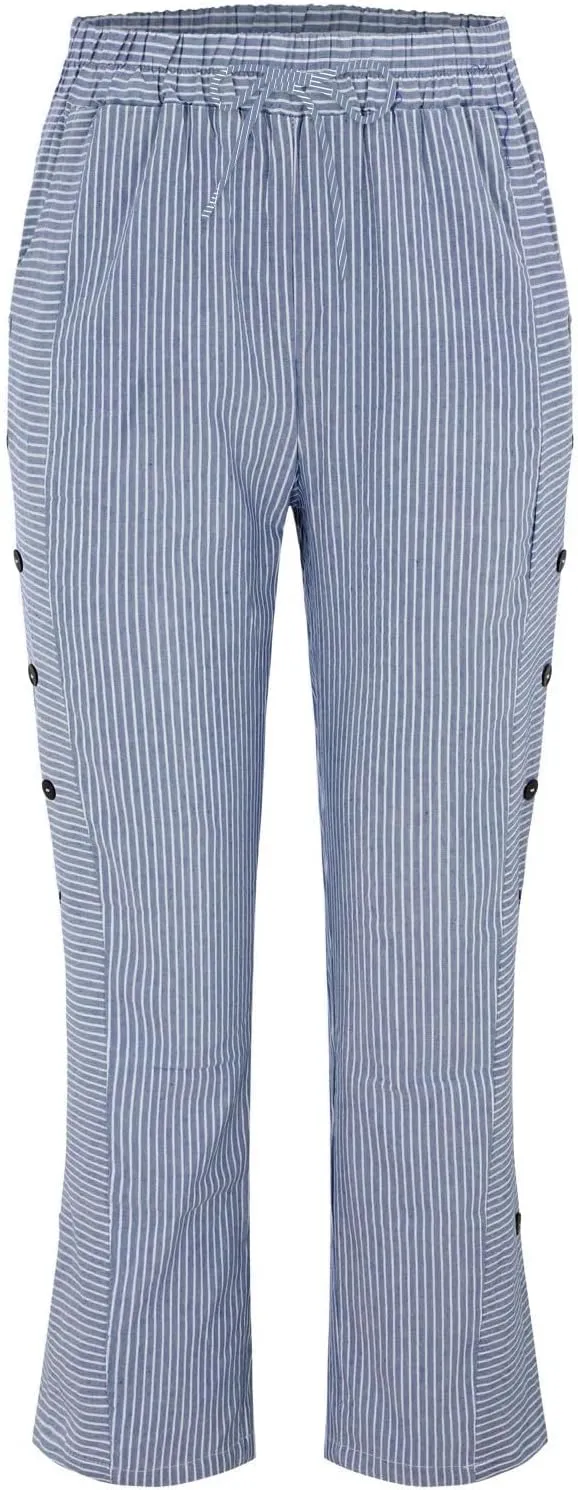 Striped Linen Pants for Women 2025 Summer High Waist Elastic Pants Comfy Side Button Trousers with Pockets