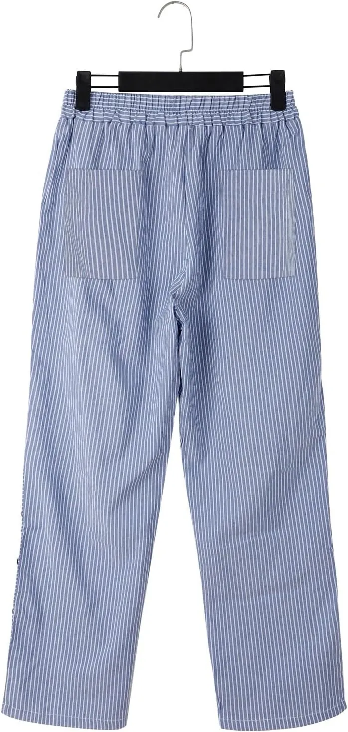 Striped Linen Pants for Women 2025 Summer High Waist Elastic Pants Comfy Side Button Trousers with Pockets