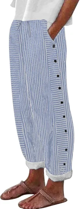 Striped Linen Pants for Women 2025 Summer High Waist Elastic Pants Comfy Side Button Trousers with Pockets