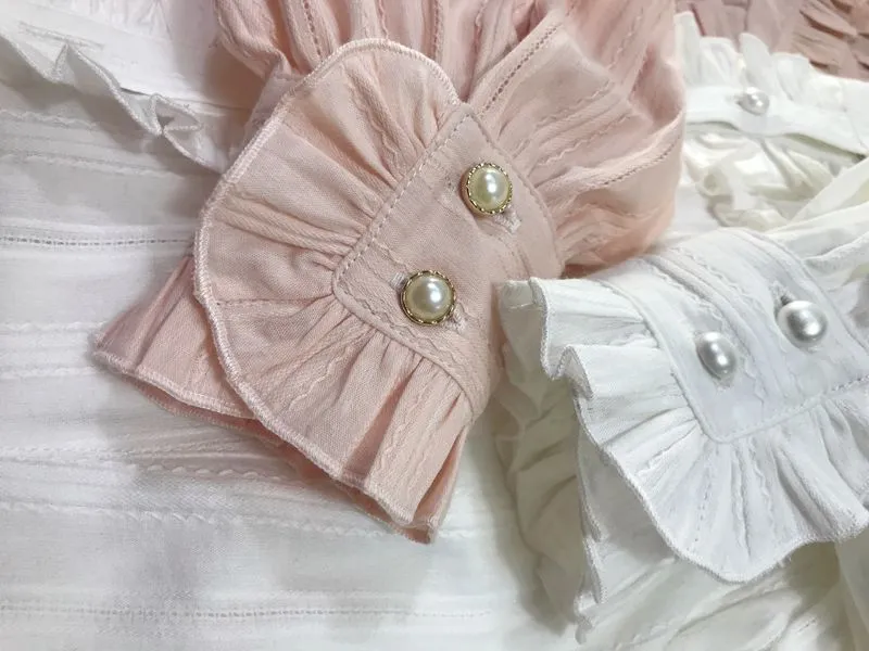 Sweet Women's Lolita Blouse Jacquard Cotton Long Sleeve White/Pink Blouse by Yiliya