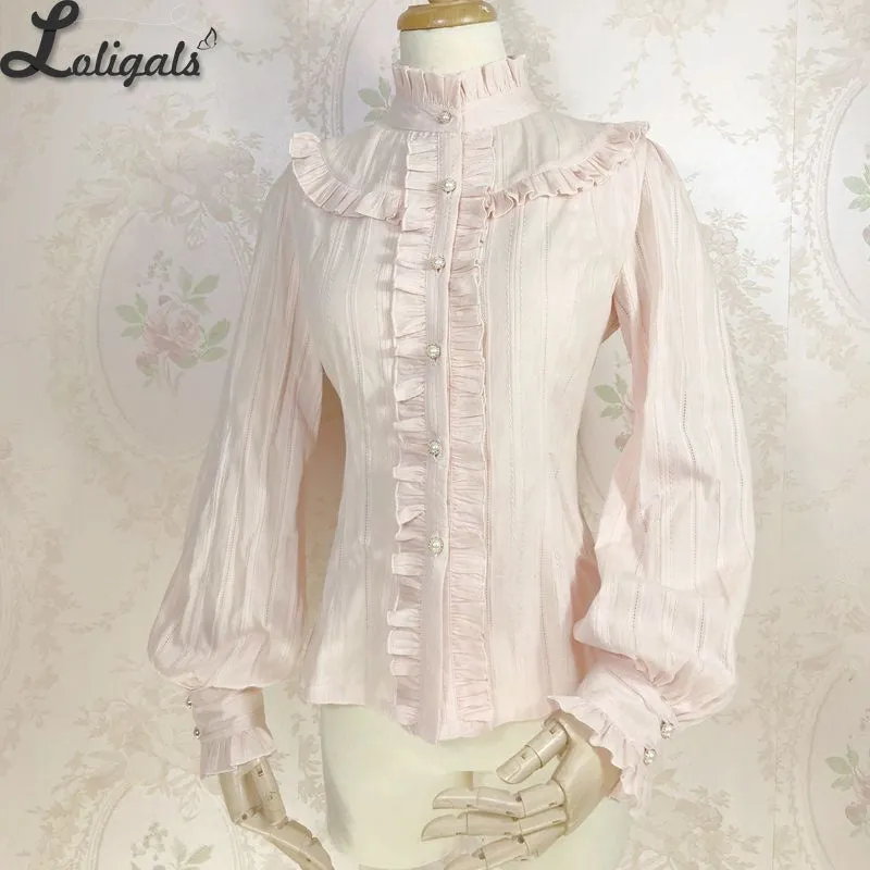 Sweet Women's Lolita Blouse Jacquard Cotton Long Sleeve White/Pink Blouse by Yiliya
