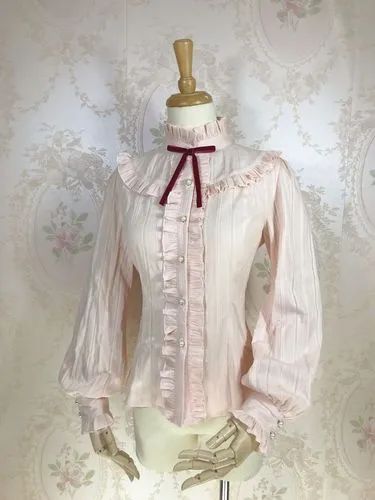 Sweet Women's Lolita Blouse Jacquard Cotton Long Sleeve White/Pink Blouse by Yiliya