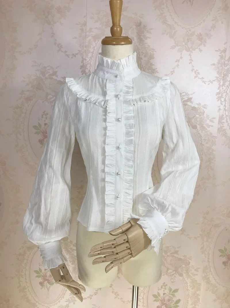Sweet Women's Lolita Blouse Jacquard Cotton Long Sleeve White/Pink Blouse by Yiliya