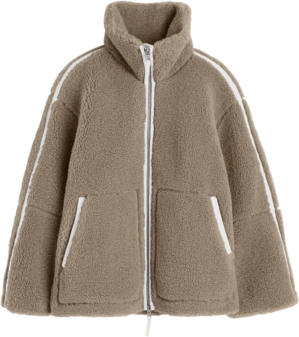Tankaneo Womens Oversized Sherpa Fleece Jacket Zip Up Teddy Coat Winter Warm Stand Collar Fuzzy Outerwear