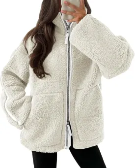 Tankaneo Womens Oversized Sherpa Fleece Jacket Zip Up Teddy Coat Winter Warm Stand Collar Fuzzy Outerwear