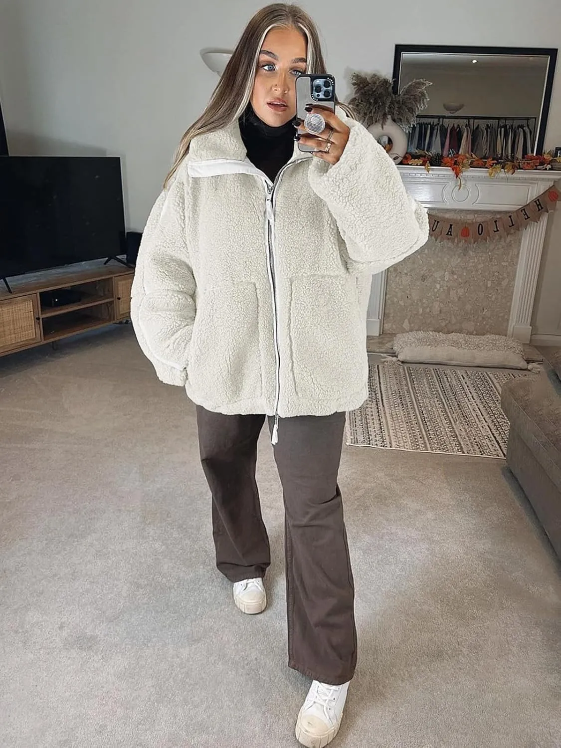 Tankaneo Womens Oversized Sherpa Fleece Jacket Zip Up Teddy Coat Winter Warm Stand Collar Fuzzy Outerwear