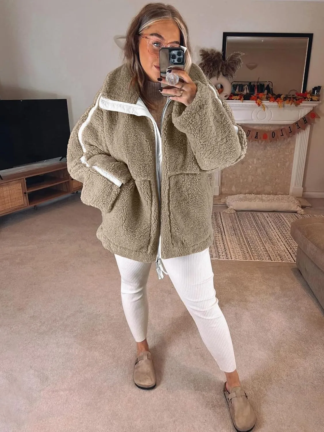 Tankaneo Womens Oversized Sherpa Fleece Jacket Zip Up Teddy Coat Winter Warm Stand Collar Fuzzy Outerwear