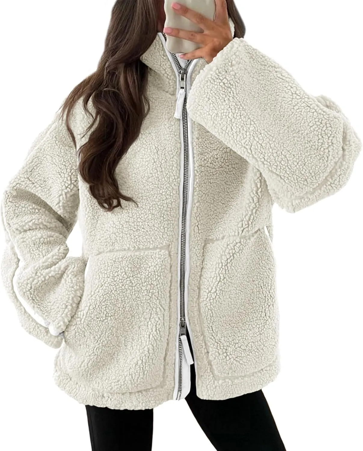 Tankaneo Womens Oversized Sherpa Fleece Jacket Zip Up Teddy Coat Winter Warm Stand Collar Fuzzy Outerwear