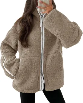 Tankaneo Womens Oversized Sherpa Fleece Jacket Zip Up Teddy Coat Winter Warm Stand Collar Fuzzy Outerwear
