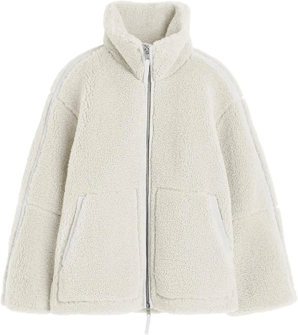 Tankaneo Womens Oversized Sherpa Fleece Jacket Zip Up Teddy Coat Winter Warm Stand Collar Fuzzy Outerwear