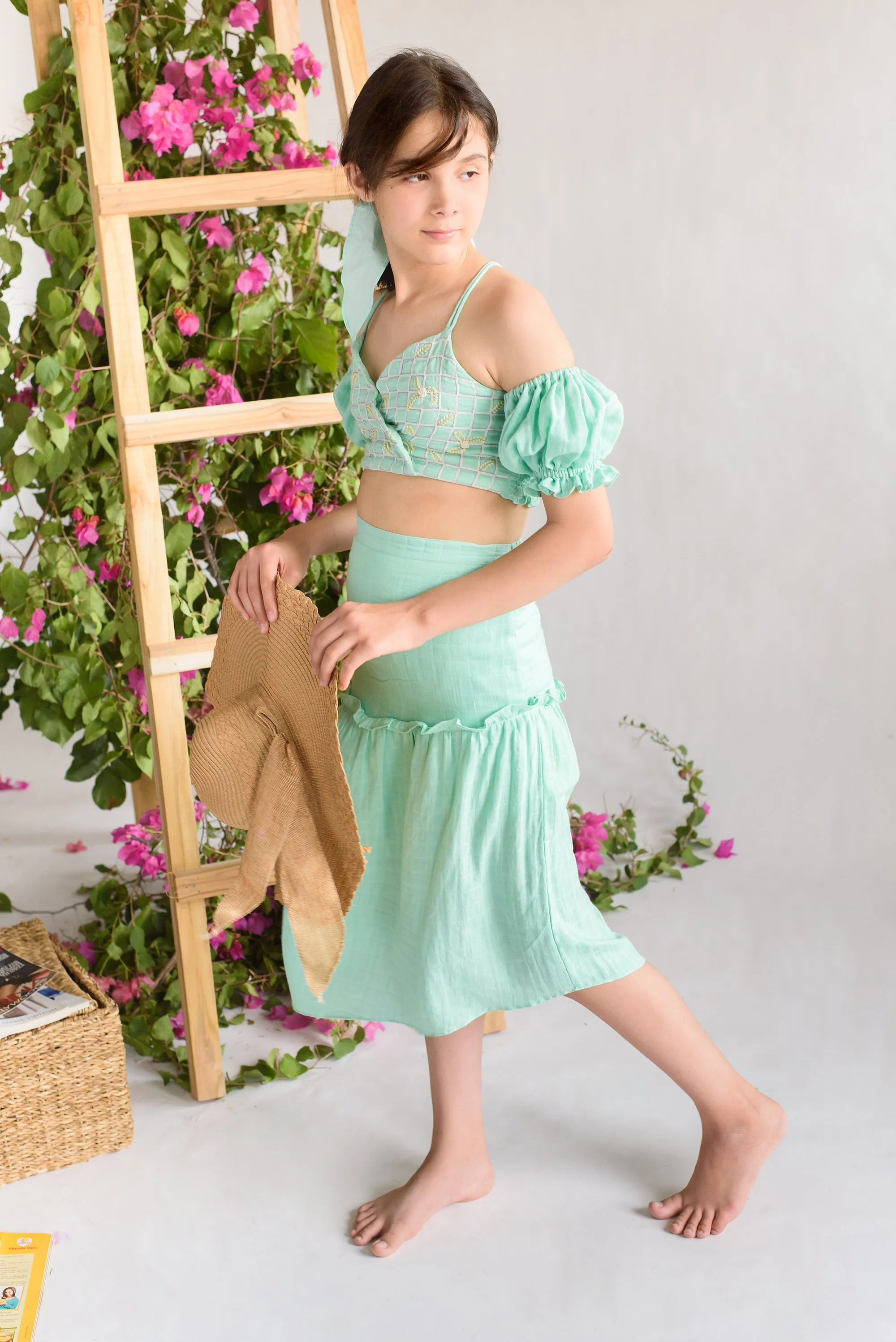 Thread Garden- Check Embroidered Organic Cotton Wrap Top With Skirt For Girls