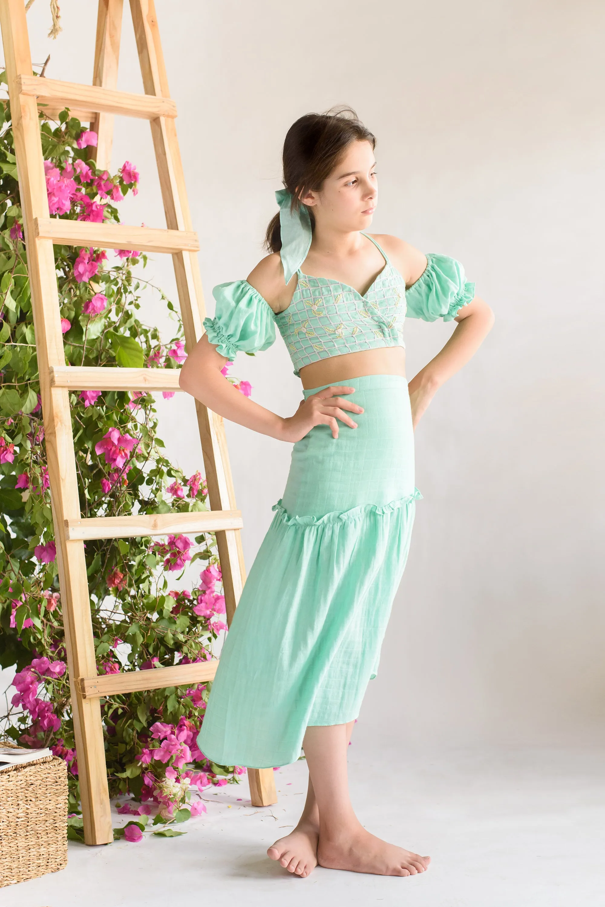 Thread Garden- Check Embroidered Organic Cotton Wrap Top With Skirt For Girls