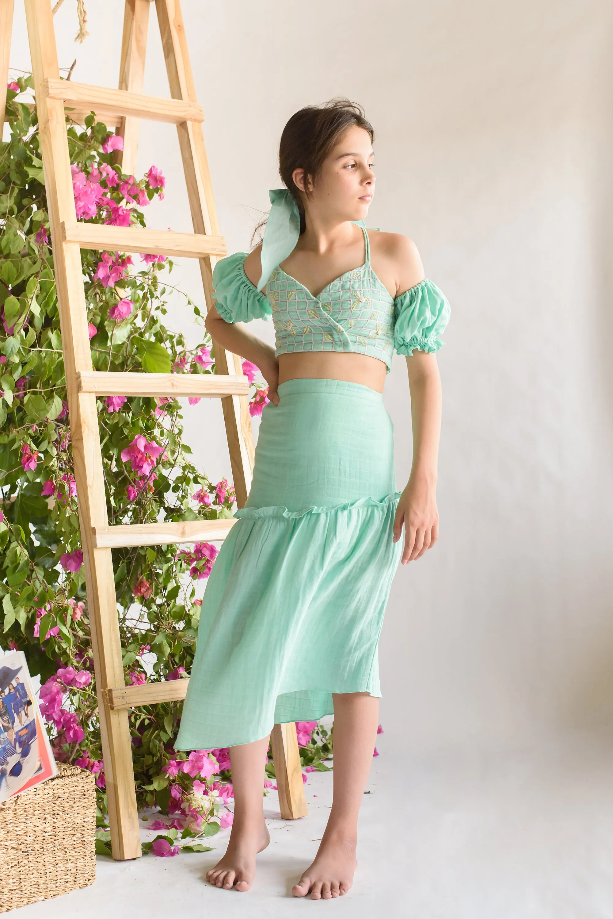 Thread Garden- Check Embroidered Organic Cotton Wrap Top With Skirt For Girls