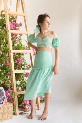Thread Garden- Check Embroidered Organic Cotton Wrap Top With Skirt For Girls