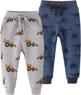 Toddler Boys Cotton Pull-On Sweat Pants, Cartoon Print Jog Sweatpants 2-Pack