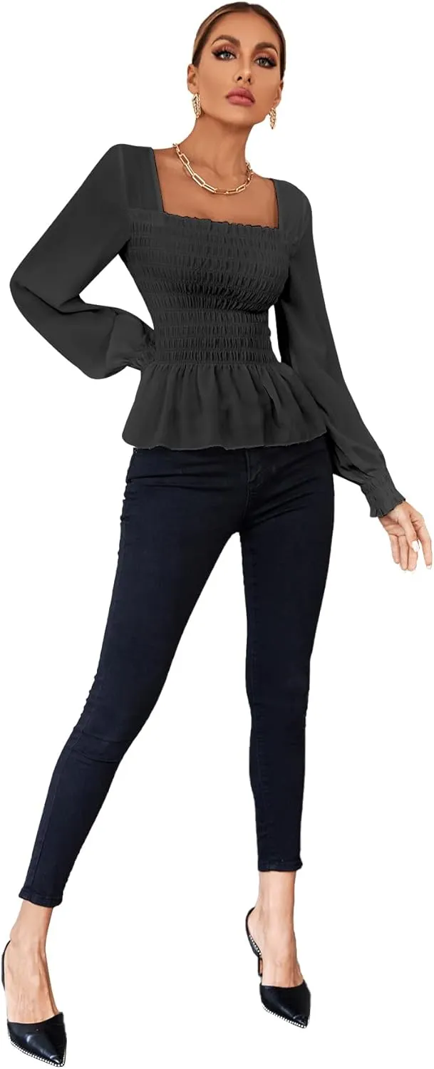Umenlele Women's Square Neck Ruffle Frill Smocked Long Sleeve Peplum Blouse Top