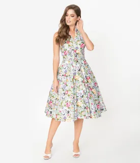Unique Vintage Mint & Multicolor Print Halter Tarrytown Hostess Dress