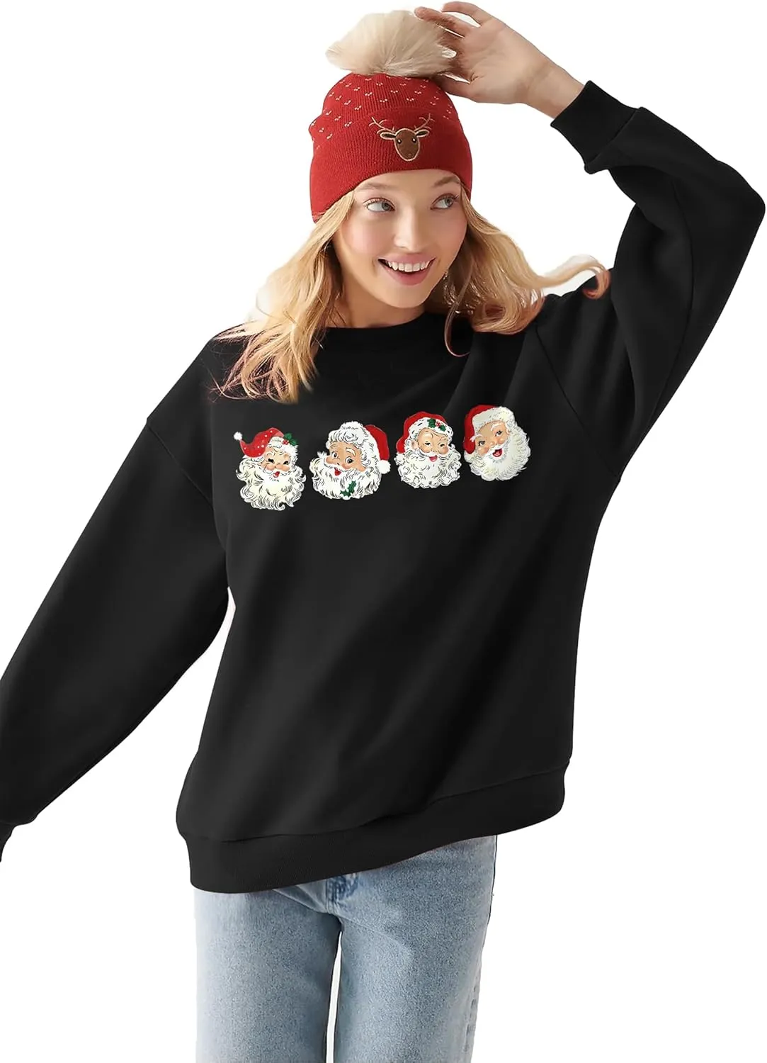 VVNTY Christmas Sweatshirts for Women Retro Santa Claus Graphic Long Sleeve Shirt Xmas Pullover Tops