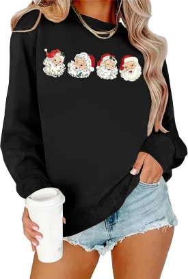 VVNTY Christmas Sweatshirts for Women Retro Santa Claus Graphic Long Sleeve Shirt Xmas Pullover Tops